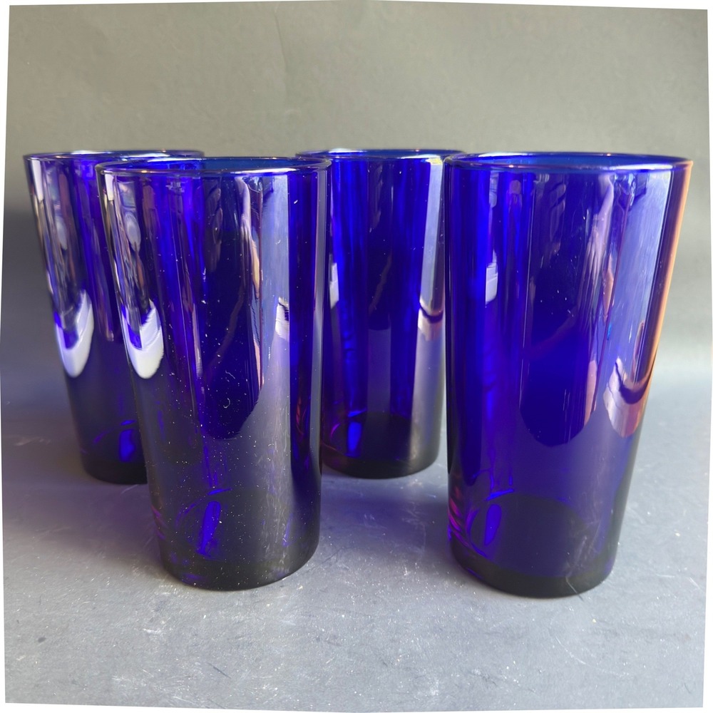 Vintage Cobalt Blue Glass Tumblers Set of 4 Tapered Highball Barware Bar Cart
